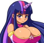 1girl anthro anthrofied areola_slip areolae bangs bare_shoulders blunt_bangs blush breasts bursting_breasts clothed cute ears female friendship_is_magic hasbro horn huge_breasts light_smile long_hair looking_at_viewer mato_spectoru matospectoru multicolored_hair my_little_pony payot purple_eyes sidelocks simple_background smile solo source_request star streaked_hair twilight_sparkle_(mlp) white_background