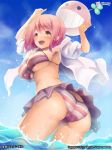 1girl anmitsuyomogi armpits arms_up ass bikini blush breasts character_request creature feet_in_water large_breasts ocean open_mouth pink_hair short_hair skirt sky smile soaking_feet solo striped striped_bikini striped_swimsuit swimsuit wading water watermark yellow_eyes