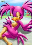 anthro ass avian bbmbbf beak big_breasts breasts erect_nipples flicky furry green_eyes looking_at_viewer mobius_unleashed nipples one_eye_closed outside palcomix purple_wings sega sexy_pose showing_the_ass sonic_(series) sonic_the_hedgehog_(series) tail