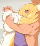 aqua_eyes black_sclera blush breast_grab breast_squeeze breasts cum cum_on_face digimon erect_nipples facial fox furry grabbing highres huge_breasts large_nipples muscle nipples nude puffy_nipples renamon sindoll wings