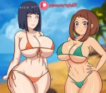 1girl 2_girls bangs bare_shoulders big_breasts big_breasts bikini blunt_bangs blush_stickers bob_cut boruto:_naruto_next_generations breasts brown_eyes brown_hair cleavage crossover curvy female_only front-tie_bikini hands_on_hips hinata_hyuuga hourglass_figure huge_breasts looking_at_viewer my_hero_academia naruto naruto_(series) ocean ochako_uraraka outside posing purple_hair raydonxd sand skimpy smile standing swimsuit thick_thighs violet_eyes water wide_hips