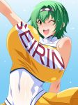  1girl aiba_matsuri aoi_nagisa_(artist) arm_raised big_breasts blush bouncing_breasts breasts brown_eyes erect_nipples female green_hair huge_breasts navel nipples nipples_through_clothes one_eye_closed open_mouth oppai_heart smile solo wink yellow_clothes yellow_shirt 