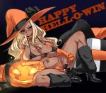 1girl agawa_ryou amemiya_tamayo bikini blonde_hair blush breasts butterfly candy curvy dark_skin elbow_gloves ganguro gloves halloween hat high_heels huge_breasts jack-o'-lantern jewelry kogal leg_warmers lollipop masturbation navel original original_character panties_aside piercing plump pumpkin pussy shoes sitting solo swimsuit uncensored witch_hat