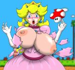 blonde_hair blush breast_expansion breasts crown huge_breasts mario_(series) mushroom nintendo nipples princess_peach super_mario super_mario_bros. thegeckodemon torn_clothes