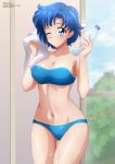 1_girl 1girl alluring ami_mizuno bishoujo_senshi_sailor_moon blue_eyes blue_hair blue_swimsuit blush bottle breasts eyebrows_visible_through_hair female female_only holding_bottle looking_at_viewer mizuno_ami mostly_nude nipple_outline one_eye_closed sailor_mercury sailor_moon short_hair solo solo_female standing swimsuit wet_skin zel-sama