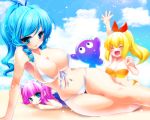 3girls animal_ears beach bikini blonde_hair blue_eyes blue_hair breasts cat_ears cleavage closed_eyes drill_hair female fish hair large_breasts long_hair lying marin marin_(umi_monogatari) multiple_girls naa on_side pink_hair ponytail short_hair smile swimsuit umi_monogatari urin_(umi_monogatari) warin