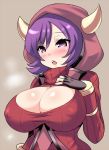  1girl big_breasts blush breast_suppress breasts cleavage cleavage_cutout erect_nipples fake_horns fingerless_gloves hood horns huge_breasts kagari_(pokemon) konno_tohiro nintendo nipple_bulge open_mouth pokemon purple_eyes purple_hair short_hair simple_background team_magma 