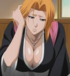 1girl big_breasts bleach blue_eyes bored breasts cap chain_necklace cleavage hair huge_breasts kubo_taito kubo_tite large_breasts lips matsumoto_rangiku orange_hair rangiku_matsumoto screencap solo