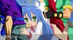 1_female 1girl 2_males 2boys 3_humans blue_hair carrying clothed clothed_sex erection fellatio female female_human female_teen fingerless_gloves game hair human human/human human_only izumi_konata long_hair lucky_star male male/female male_human mole mole_under_eye multiple_boys oral penis sex standing teen text threesome tongue vaginal vaginal_penetration zone