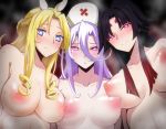  3_girls :o animal_ears arahnia_taranterra_arachnida areola asymmetrical_docking big_breasts black_hair blonde_hair blue_eyes blush braid breast_press breasts breasts_apart cleavage closed_mouth collarbone commentary_request drill_locks extra_eyes french_braid gradient_hair hair_between_eyes hat heart heart-shaped_pupils horse_ears in_heat long_hair looking_at_viewer looking_down monster_girl monster_musume_no_oisha-san multicolored_hair multiple_girls naughty_face nipples nude nurse_cap pink_eyes pov puffy_nipples purple_hair red_eyes red_hair saphentite_neikes scales sidelocks smile steaming_body symbol-shaped_pupils tisalia_scythia two-tone_hair upper_body zenkutsu_(minus_40) 