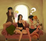 2boys 3girls ? abs angry anime bare_shoulders black_hair blonde_hair blush boa_hancock breasts cleavage couch crack denim denim_shorts hair_over_one_eye harem hat hug hugging large_breasts looking_back male midriff monkey_d._luffy multiple_boys multiple_girls nami nami_(one_piece) navel nico_robin one_piece open_clothes open_mouth open_shirt orange_hair pillow pimp ponytail sanji scar shirt shorts sofa star straw_hat tank_top tattoo