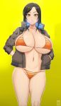  1girl big_breasts bikini black_hair bubble_gum cosplay cyberpunk_2077 handplug idolmaster jacket looking_at_viewer mukai_takumi simple_background swimsuit yellow_eyes 