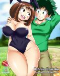 1boy 1girl bare_thighs big_breasts bluegraves blush breasts brown_eyes brown_hair bunny bunny_costume bunny_ears bunny_girl bunnysuit censored cleavage clothed clothed_male cosplay couple curvy dress_up easter easter_bunny easter_egg green_eyes green_hair happy holidays huge_breasts izuku_midoriya izuocha legs looking_at_another male muscular_male my_hero_academia naked_legwear ochako_uraraka open_mouth playboy smile thick_legs thick_thighs thighs thin_waist wide_hips