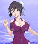 1girl areolae beach big_breasts black_hair bleach blush breasts brown_eyes clouds embarrassed female greengiant2012 hinamori_momo huge_breasts momo_hinamori nipples ocean sea sky solo swimsuit