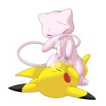 blush closed_eyes cum ear_markings face_markings female hetero male markings mew pikachu pink pokemon sex straddle sweat tail transparent unknown_artist yellow