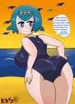 1girl annoyed big_breasts blue_eyes blue_hair headband high_res huge_ass huge_breasts karate_kid_5 lana_(pokemon) nintendo ocean pokemon pokemon_sm sunset swimsuit swimwear