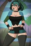  1girl areola artist_name big_breasts black_nails black_thighhighs breasts cartoon_network choker covered_nipples goth goth_girl gwen_(tdi) hands_on_hips multicolored_hair navel ring shadowboxer skirt solo_female total_drama total_drama_island 