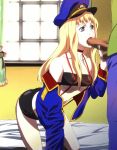  1boy 1girl animated animated_gif ass bed bent_over blonde_hair blue_eyes breasts censored clothed_sex fellatio gif hetero ibento_e_ikou!_sono long_hair macross macross_frontier oral penis police police_uniform policewoman sex sheryl_nome tubetop uniform yabusame 