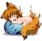 1girl animal_ears brown_hair chibi closed_eyes drooling earth firefox fox_ears fox_tail hair kuroneko_liger male nude open_mouth orange_hair os os-tan personification simple_background sleeping solo tail white_background