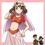  1girl 2boys adjusting_hair alternate_costume alternate_headwear angry arabian_clothes art ash_ketchum babe baseball_cap black_eyes black_hair blue_eyes blush brock brown_hair gym_leader hair haruka_(pokemon) hat heart heart_necklace kakkii long_skirt looking_at_another may midriff multiple_boys navel necklace nintendo open_mouth panties pokemon pokemon_(anime) pokemon_(game) pokemon_rgby pokemon_rse satoshi satoshi_(pokemon) see-through shirt short_sleeves shy skirt standing takeshi_(pokemon) transparent 