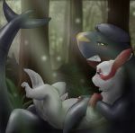 anal blush cum feral garchomp gay hug hugging male male_only open_mouth penis pokemon tail zangoose