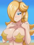  1girl arms_up bare_shoulders beach big_breasts blonde_hair blue_eyes breasts cleavage covered_nipples deviantart earrings erect_nipples eyeshadow female female_only hair_over_one_eye half-closed_eyes large_breasts long_hair looking_at_viewer makeup nintendo parted_lips pasties princess_rosalina rosalina shablagooo super_mario_bros 