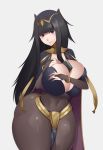 1girl ass between_breasts black_hair bluespice bodysuit book breasts bridal_gauntlets cleavage covered_navel fingernails fire_emblem fire_emblem_awakening green_eyes hair_ornament huge_ass huge_breasts long_hair looking_at_viewer simple_background skin_tight tharja thick_thighs thighs tiara wide_hips