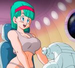 aqua_hair big_breasts blue_eyes breasts bulma* bulma_adventures_(h-game) bulma_brief cleavage dragon_ball dragon_ball_z green_hair grey_bra grey_panties huge_breasts