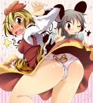  2girls aki_(akikaze_asparagus) animal_ears animal_print ass blonde_hair blush bubble_butt embarrassed embarrassing female grey_hair hair hair_ornament mouse_ears multicolored_hair multiple_girls nazrin panties pantyshot print_panties printed_panties red_eyes short_hair skirt skirt_lift toramaru_shou touhou underwear yellow_eyes 