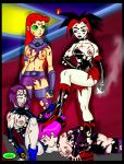  argent black_hair boots bracelet breasts dc_comics green_eyes grey_skin jinx long_hair marker_(artist) nipple orange_skin pink_eyes pink_hair purple_eyes purple_hair raven_(dc) red_eyes red_hair short_hair starfire teen_titans topless torn_clothes torn_clothing 