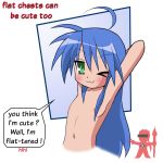  ;3 belly blue_hair blush erect_nipples flat_chest green_eyes hair konata_izumi long_hair lucky_star mole navel nipples nude wink x-mangaka 