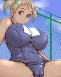  big_breasts blush breasts brown_eyes brown_hair buruma cameltoe curvy dark_skin erect_nipples fence gym_uniform huge_breasts inomaru nipples pussy school_swimsuit short_hair sitting skin_tight sky solo spread_legs tan tight_clothes twintails young 