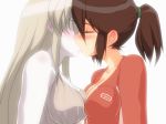  2_girls 2girls animated bare_shoulders big_breasts blush breast_press breasts brown_hair cleavage closed_eyes couple derivative_work digital_media_(artwork) duo ears female female/female female_only front_innocent gif hair hangaku horny jacket kissing left_4_dead long_hair love multiple_girls no_eyes pale_skin payot photoshop ponytail shirt short_hair sidelocks silver_hair source_request witch witch_(left4dead) yuri zoey zoey_(left4dead) 