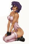 1girl ass bare_shoulders big_breasts boots breasts cleavage erect_nipples fingerless_gloves ghost_in_the_shell gloves hair highres kneeling kusanagi_motoko leotard motoko_kusanagi nipples open_mouth orange_eyes parody purple_hair short_hair smile solo style_parody tan thighhighs thighs toyomaru toyomaru_(pixiv) young_girl