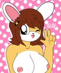  breasts breasts breasts_out brown_hair bunny_ears bunny_girl grey_eyes nana_(pretty_blood) peace_symbol_necklace pretty_blood tits_out wink winking_at_viewer 