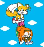 ass blue_eyes bracelet flying_wedgie fox furry gloves hairband hanging miles_"tails"_prower multiple_tails orange_hair panties panties_pull pink_panties sega sky smile sonic_(series) surprise tail tikal_the_echidna underwear wedgie