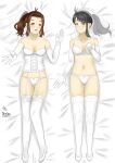  2_girls adult_and_teenager age_difference blush bra bridal_gloves brown_hair clavicle cleavage corset dakimakura duo_focus elbow_gloves female_focus female_only flower_earrings flower_necklace full_body garter_belt garter_straps high_heels iwato_suzume iwato_tsubame lingerie looking_at_viewer midriff milf mother_and_daughter navel older_woman_and_teenage_girl older_woman_and_younger_girl on_back open_mouth pearl_necklace ponytail smile suzume_(movie) suzume_no_tojimari teen thighhighs tongue wedding_veil what_if 