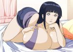  ass bed breasts cleavage cute-rukia gigantic_breasts hinata_hyuuga lying naruto smile 