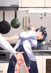 1_boy 1_girl 1boy 1girl arm_grab bent_over clothed female female_pubic_hair fingering frying_pan houshou_(kantai_collection) indoors kantai_collection kitchen male male/female nori_senbei_(norisenbei_1) panties panties_down pink_panties pubic_hair pubic_hair_peek skirt skirt_lift standing