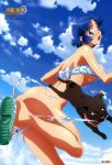 absurd_res armpit ass bikini bikini_top blue_eyes blue_hair blush bosoms bottomless breasts bubble_butt dog embarrassing high_res kouno_sachiko kusuha_mizuha looking_back scared shiny shiny_skin short_hair sky super_robot_wars super_robot_wars_og_the_inspector super_robot_wars_original_generation surprise swimsuit torn_clothes torn_panties underboob wardrobe_malfunction