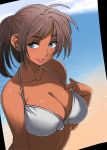  adjusting_swimsuit aqua_eyes big_breasts bikini_top breasts cleavage dark_skin earrings front-tie_top hair high_res jewelry lipstick naav original swimsuit 