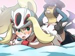 1girl all_fours anal ass ass_grab bed blonde_hair blush boris_(noborhys) clothed_sex doggystyle fingerless_gloves gloves gym_leader kneeling korrina koruni_(pokemon) long_hair lucario lying on_stomach open_mouth pokemon pokemon_(game) pokemon_xy sex skirt sweat sweatdrop vaginal