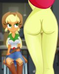  2girls apple_bloom apple_bloom_(mlp) applejack applejack_(mlp) ass cfnf clothed_female_nude_female equestria_girls friendship_is_magic imminent_spanking my_little_pony ohohokapi paddle pussy sister sisters sitting spank spanking thigh_gap 