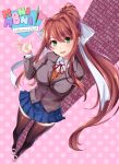  1girl bangs big_breasts black_legwear blue_skirt breasts collared_shirt doki_doki_literature_club female_only full_body green_eyes grey_jacket hair_between_eyes hair_ribbon hand_up head_tilt jacket long_hair long_sleeves looking_at_viewer monika_(doki_doki_literature_club) open_mouth pen pink_background pleated_skirt polka_dot polka_dot_background ponytail ribbon school_uniform shirt skirt smile solo_female stockings very_long_hair white_ribbon zettai_ryouiki 