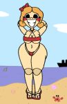 1girl beach bikini black_eyes blonde_hair blush breasts doll female_focus full_body hairbow humanoid miss_delight mob_entertainment ocean poppy_playtime red_bikini rosy_cheeks sand sandals segmented_body smile solo_female solo_focus thick_thighs tight_bikini