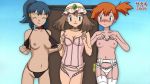 2009 3_girls 3girls alternate_headwear arm arms art babe bare_arms bare_legs bare_shoulders blue_eyes blue_hair blush bra bra_lift breasts brown_hair choker cleavage closed_eyes collarbone dawn drill_hair embarrassed erect_nipples friends garters gym_leader hair_ornament haruka_(pokemon) hikari_(pokemon) kageta kasumi_(pokemon) legs lingerie long_hair may misty multiple_girls necklace nintendo nipples orange_hair panties pokemon pokemon_(anime) pokemon_(game) pokemon_dppt pokemon_rgby pokemon_rse ponytail sakaki_(artist) short_hair shy side_ponytail small_breasts smile standing stockings thong topless twin_drills undressing