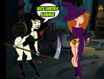 2girls ass breasts cosplay disney embarrassing funny grimphantom grimphantom_(artist) halloween jack-o'-lantern kim_possible kimberly_ann_possible multiple_girls panties print_panties pumpkin shego torn_clothes torn_clothing underwear wardrobe_malfunction weapon witch witch_hat