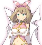  1girl big_breasts bow breast_hold breasts brown_hair cleavage cleavage_cutout coat cosplay crossover green_eyes groin hair_bow hair_ribbon haruka_(pokemon) haruka_(senran_kagura) haruka_(senran_kagura)_(cosplay) huge_breasts humans_of_pokemon labcoat large_breasts lowres may may_(pokemon) mound_of_venus namesake navel pokemoa pokemon ribbon senran_kagura senran_kagura_(series) short_hair smile soara solo trench_coat 