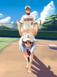  1boy 1girl 48_hands ass baseball baseball_cap black_eyes black_hair blush bottomless embarrassed embarrassing hakui_ami hands hat original public short_hair spread_legs tarou vaginal 