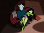 ass bent_over black_hair blue_eyes blue_skin disney dr._drakken green_eyes green_skin kim_possible long_hair looking_back looking_down over_the_knee panties pants_pull ponytail printed_panties purple_panties shego smile spanking yumibow